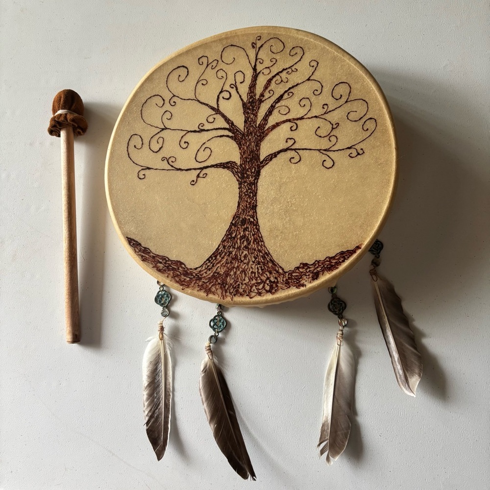 Handmade Tree of Life 12” Drum with Feather Accents - Tan
